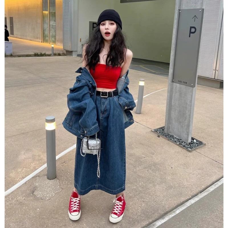 复古牛仔套装女2025春装新款韩版休闲宽松洋气外套半身裙两件套潮