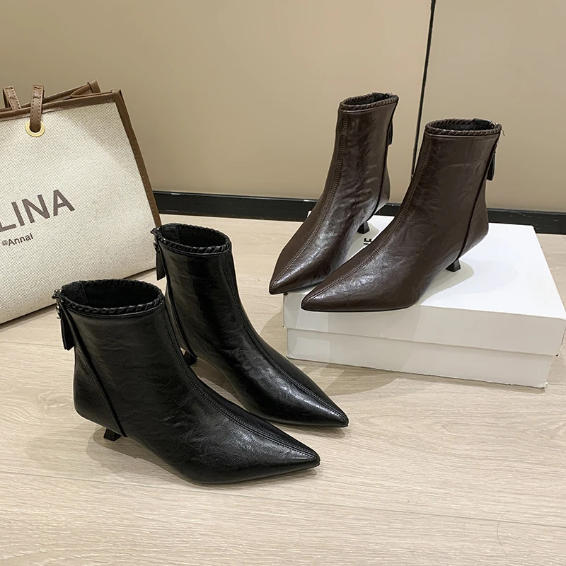 黑色高跟短靴女2025秋冬单靴及裸踝靴软皮小跟尖头法式细跟瘦瘦靴