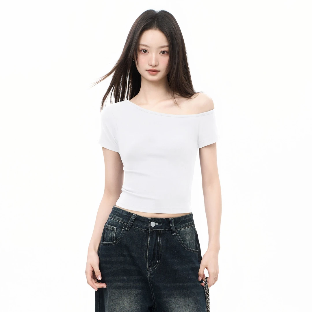 【大兴夫妇专属】白色斜肩短袖t恤女夏季露肩辣妹修身性感短款上衣