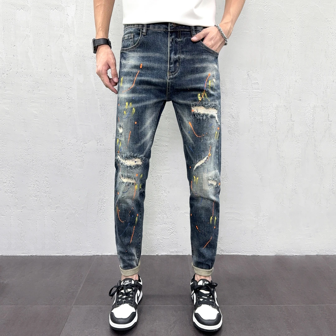 秋季男士破洞牛仔裤爆款2025新款个性潮牌泼墨水洗美式修身小脚裤