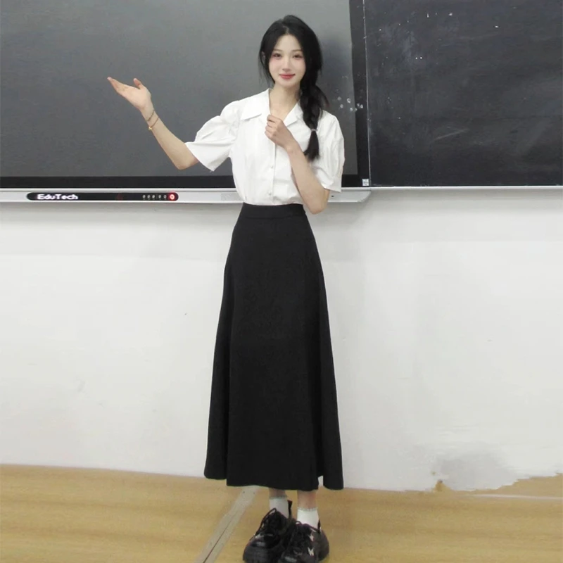 白色衬衫女短袖夏教师穿搭职业正装通勤上衣教资面试穿搭套装套裙