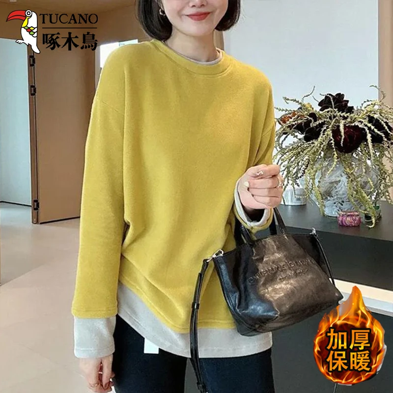 啄木鸟秋冬新款德绒撞色上衣时尚假两件女装T恤保暖加厚长袖韩版