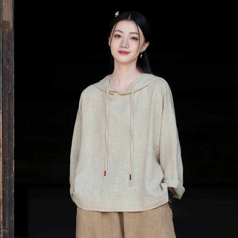 25春季新款苎麻砂洗连帽套头休闲衬衫上衣女文艺个性棉麻长袖T恤