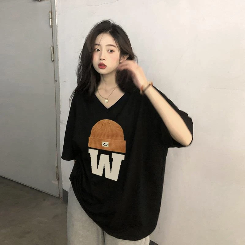 夏季女装黑色美式棉短袖t恤女2025新款胖mm显瘦v领大码宽松上衣