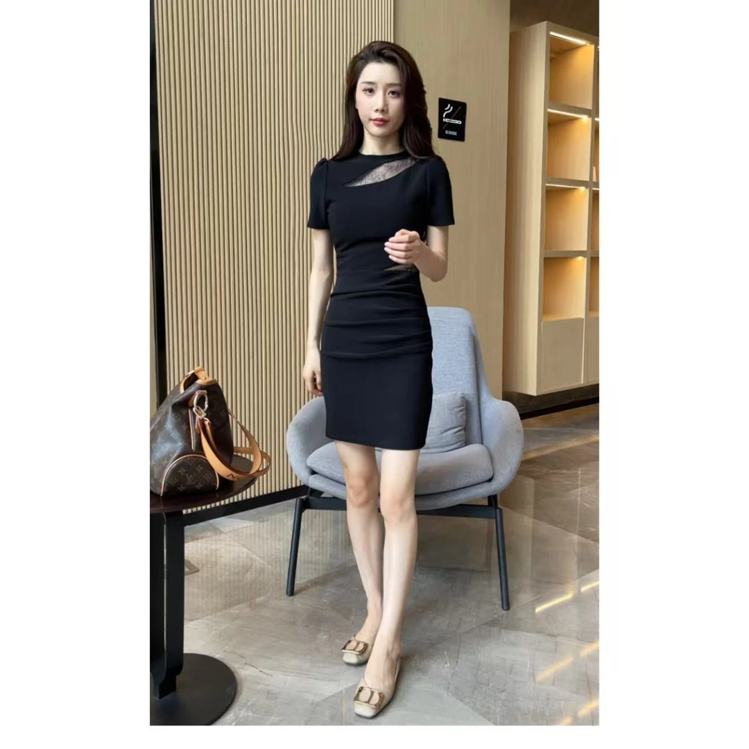 气质网纱镂空连衣裙显瘦拼接洋气小众设计裙-0343