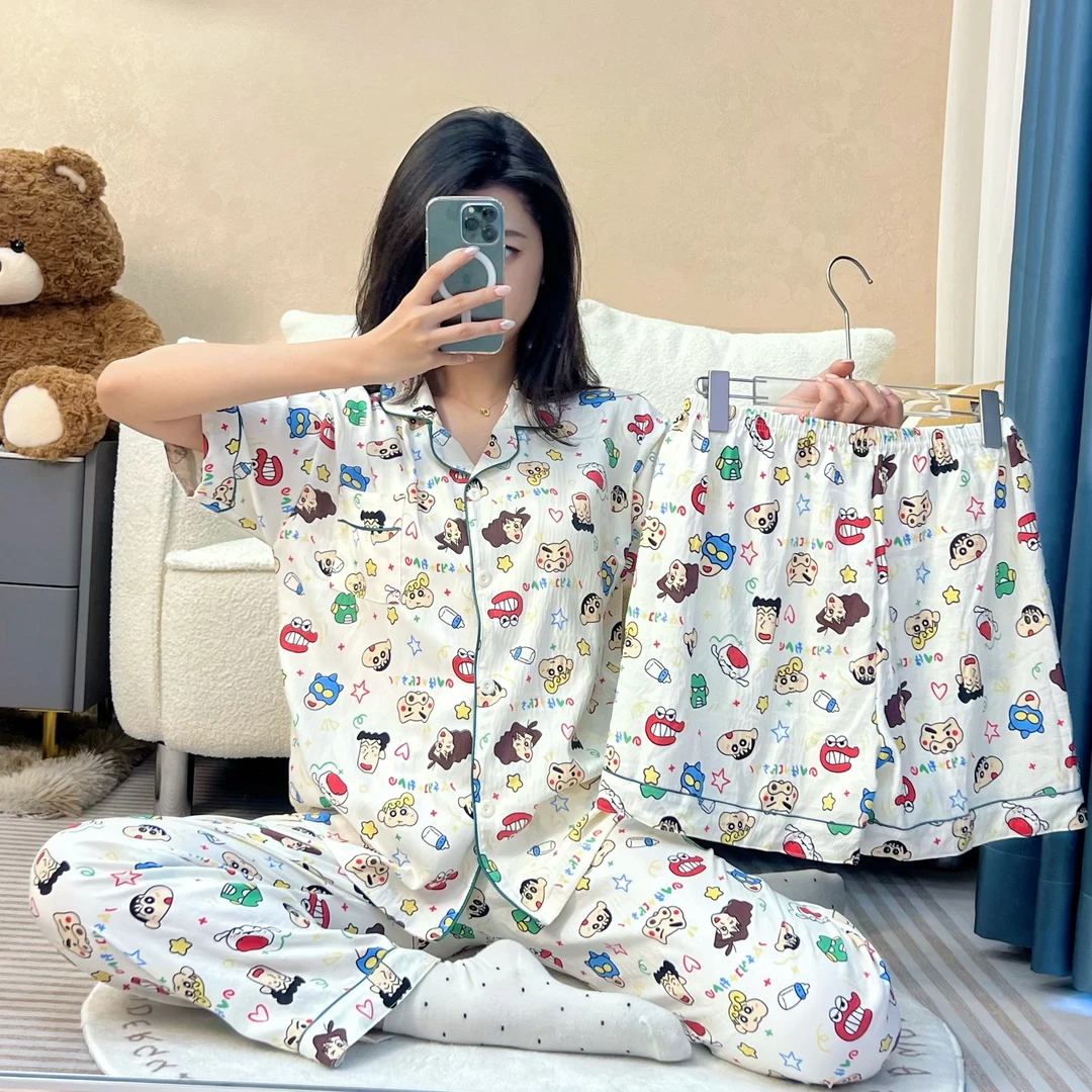 【蜡笔小新】新款睡衣女款短袖短裤长袖三件套秋季长袖长裤家居服春