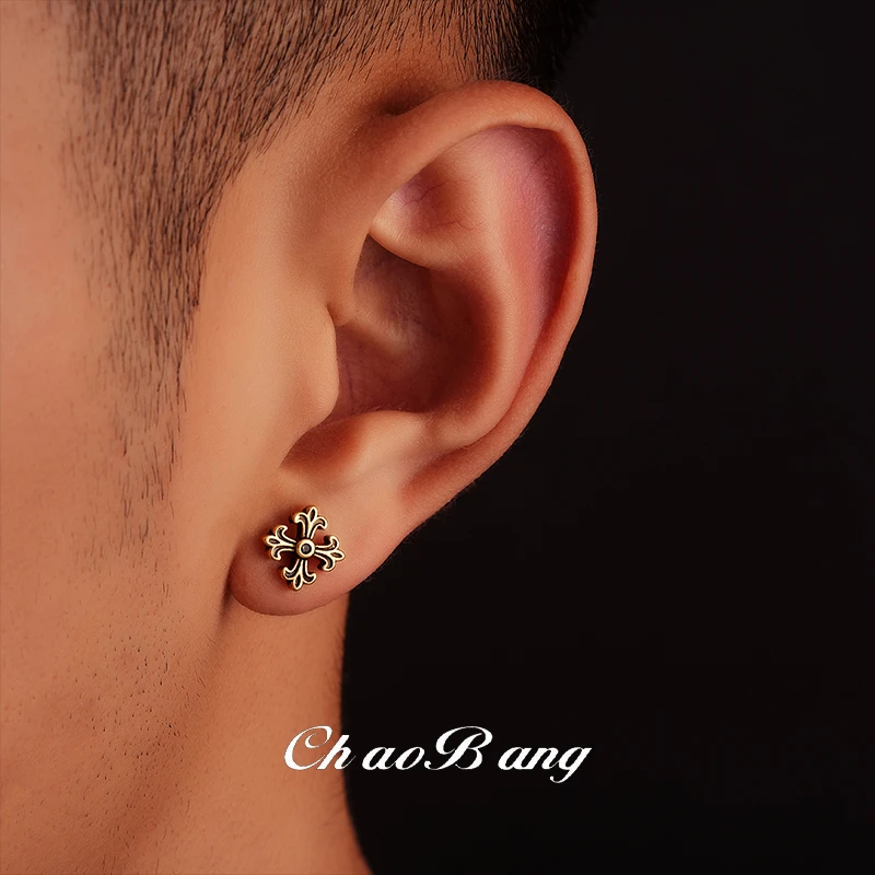 铜合金耳饰 复古做旧十字架耳钉男时尚百搭配饰高级感个性饰品