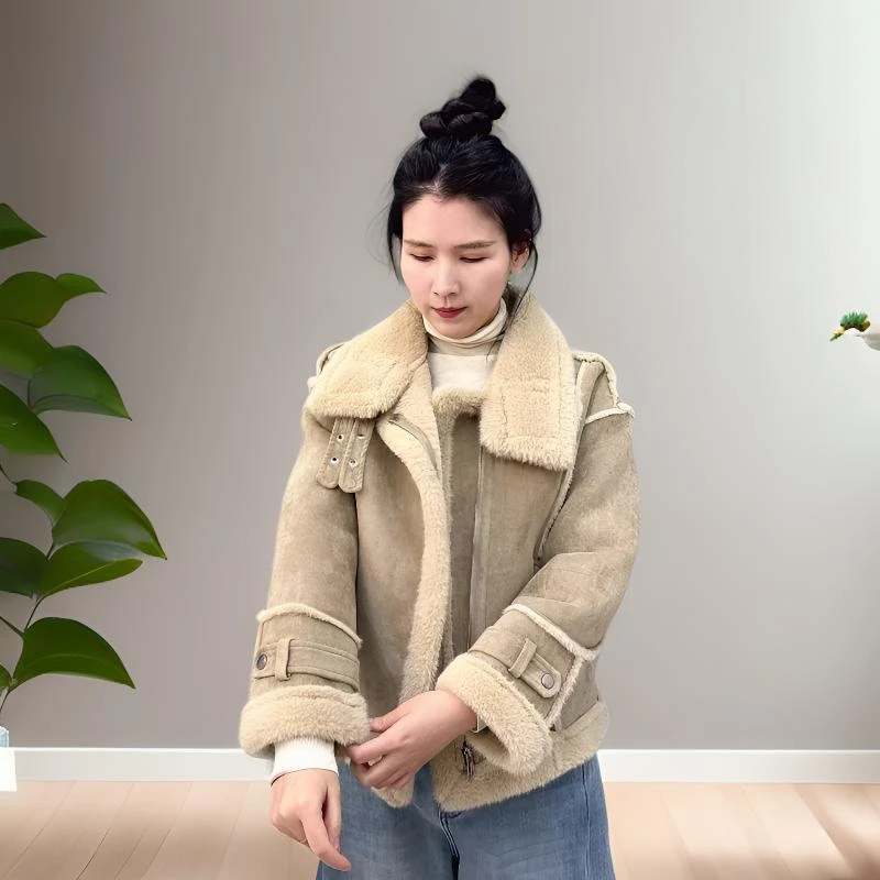2025款米娜皮毛一体翻毛领冬季时尚气质短外套