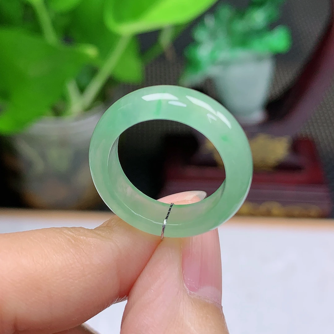 A002670天然缅甸翡翠A货冰种飘阳绿戒指玉石戒圈13圈内径16.5mm