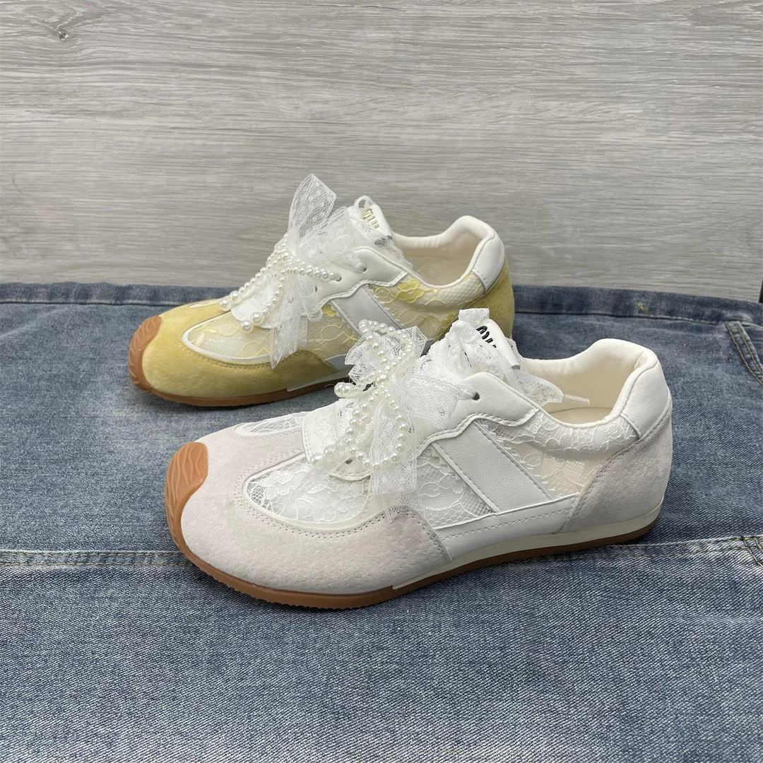 新款夏季软底德训鞋女配裙子网面透气珍珠蕾丝阿甘鞋