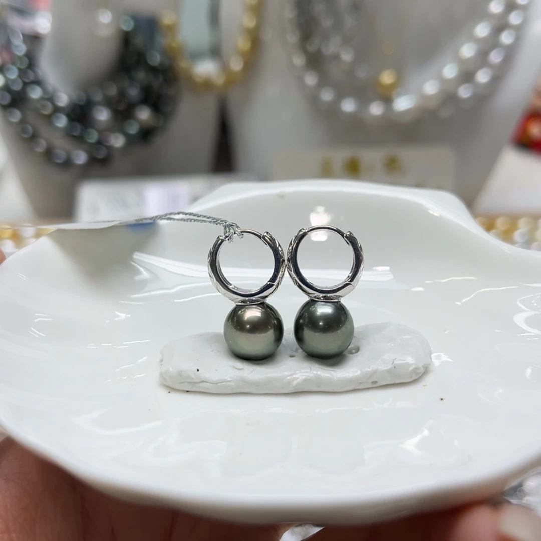 银S925镶嵌海水珍珠上新大溪地水桶耳扣9-10mm