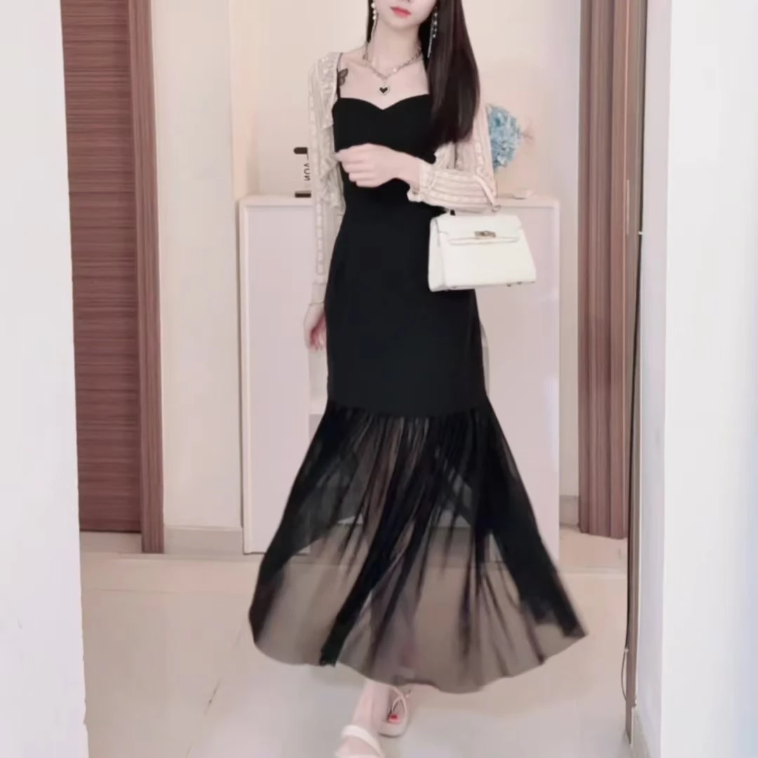 5414法式气质性感黑色网纱连衣裙女2025夏季新款修身显瘦单吊带裙