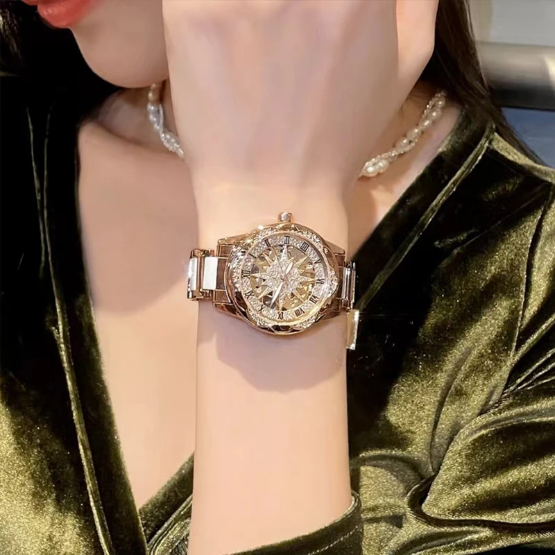 时尚气质太阳花镂空夜光间陶瓷全自动背透女表9121专属