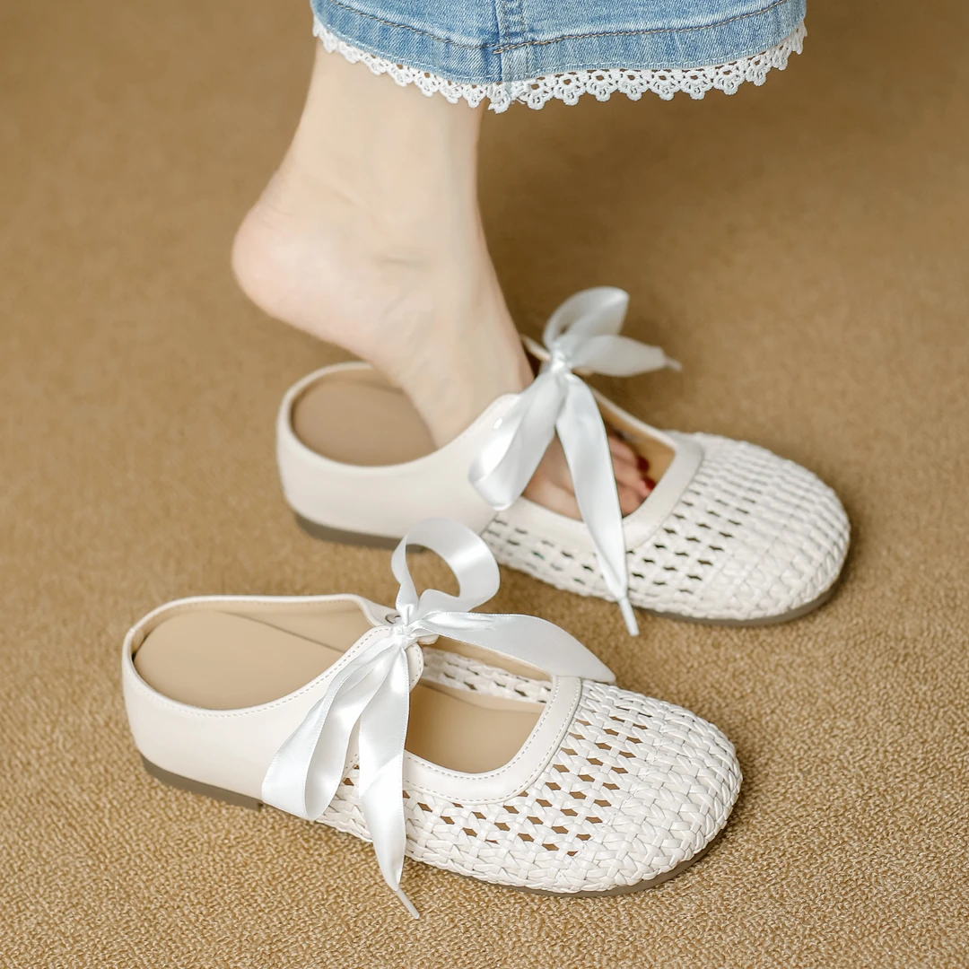 蝴蝶结编织镂空包头拖鞋女款2025夏新款爆款内增高洞洞鞋仙女鞋子