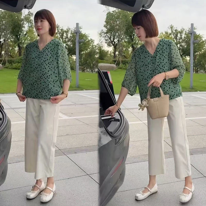 2025夏季新款绝美漂亮气质绿色波点上衣时尚显瘦休闲风裤子两件套