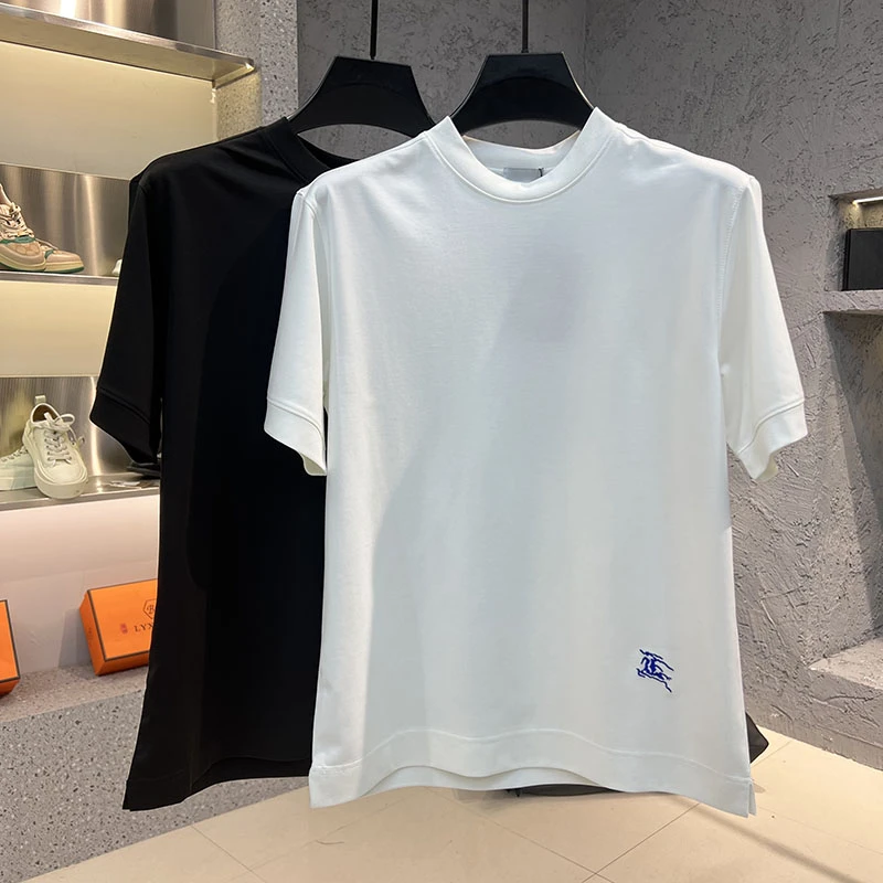2025春夏新款男士时尚休闲圆领净版小标T恤简约潮流开叉夏季半袖