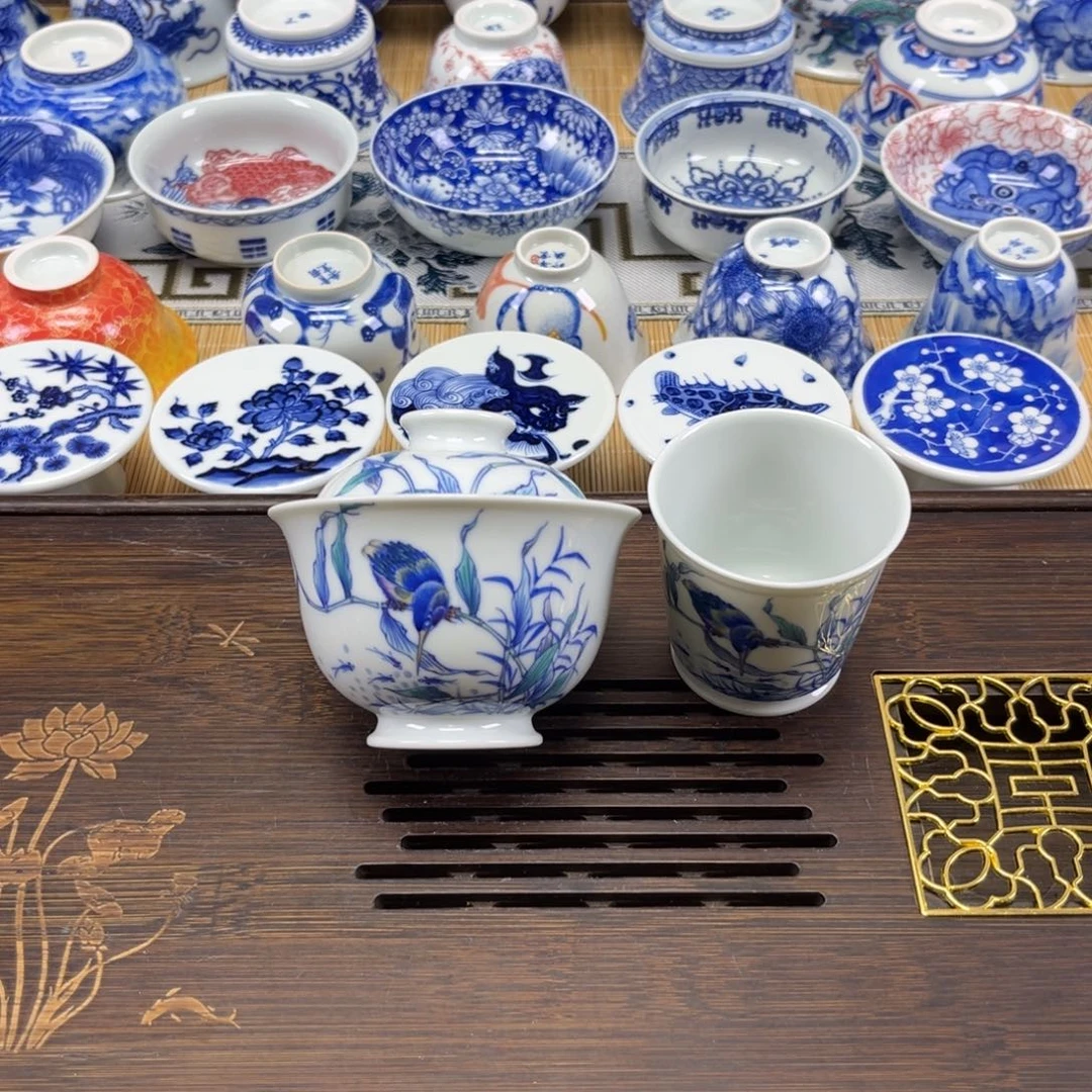 手工手绘斗彩单翠2件套盖碗+主人杯