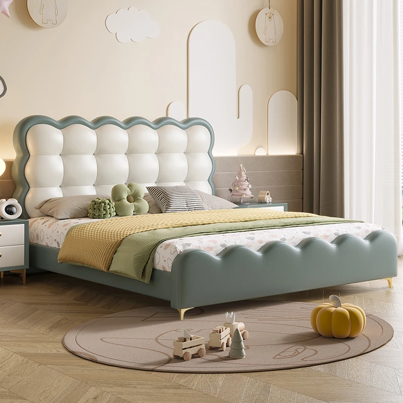 奶油风儿童床女孩泡芙床实木网红公主床简约现代儿童房饼干男床