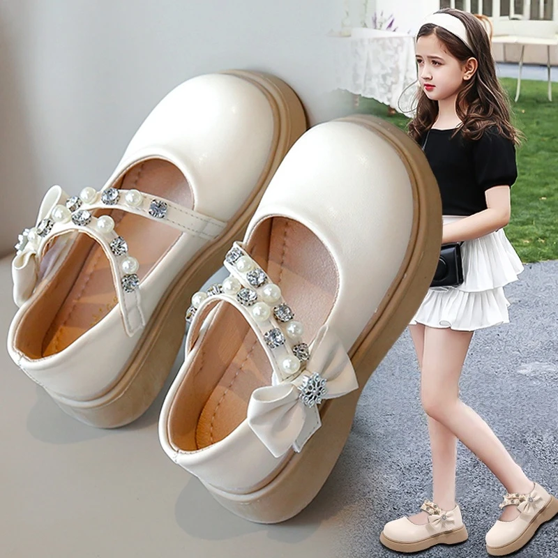 ABC女童鞋子白色小皮鞋2025新款秋季时尚儿童公主单鞋女孩蝴蝶结