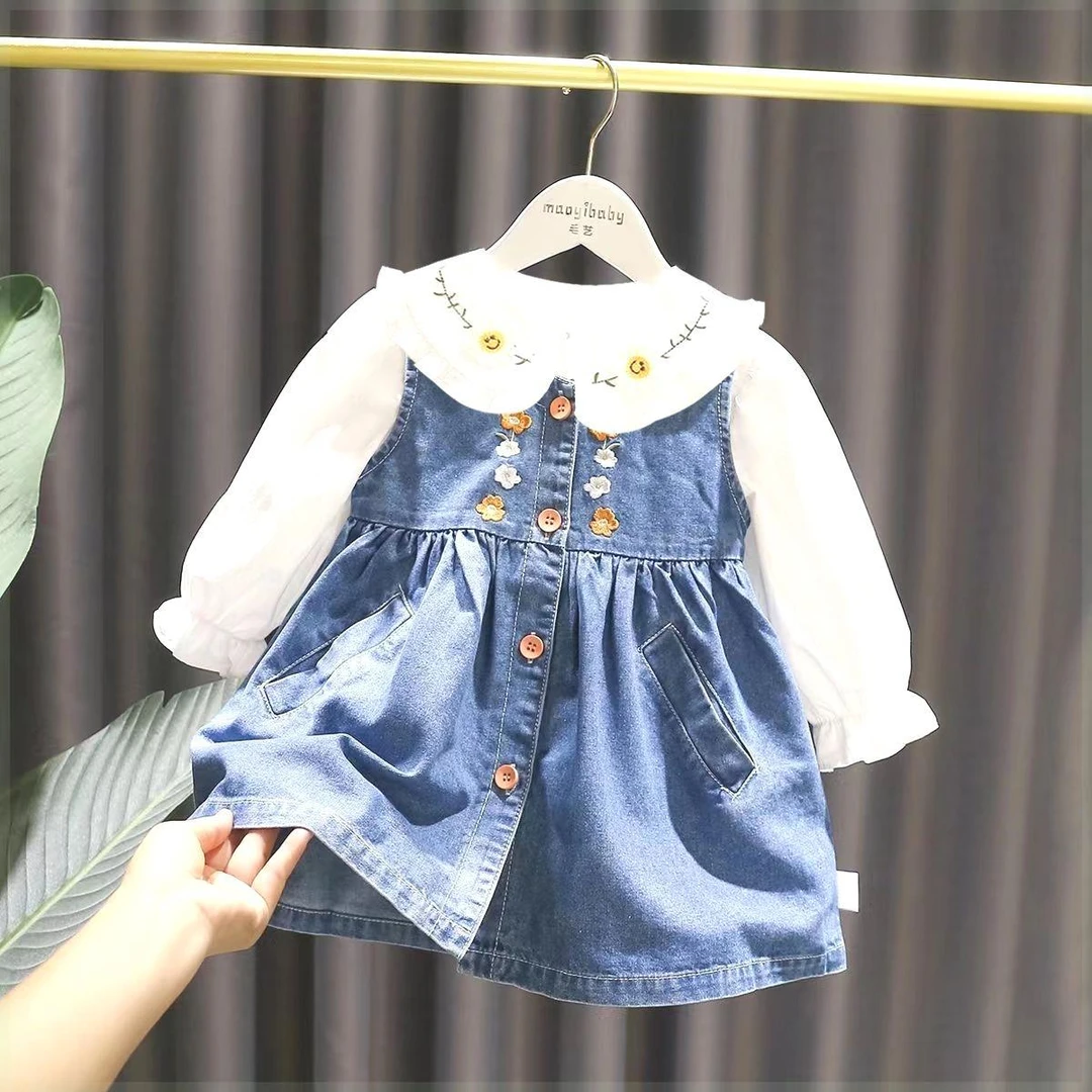 女宝宝洋气绣花连衣裙婴儿秋装新款韩版女童潮搭牛仔背心马裙子