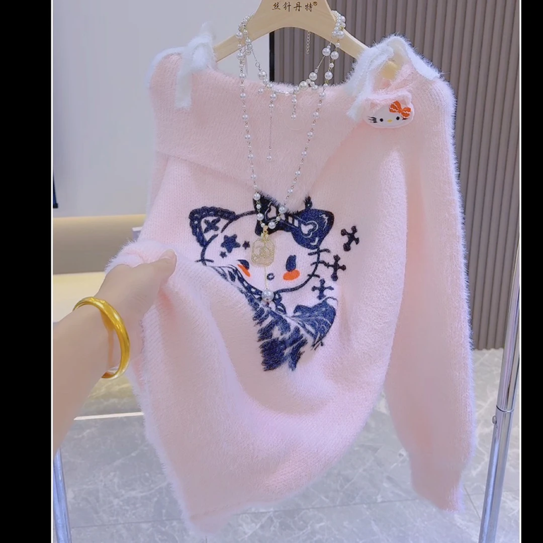 甜酷猫露肩毛衣女秋冬加厚软糯针织衫一字肩上衣