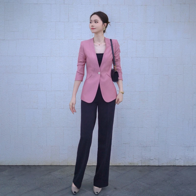 粉色西装外套女春秋2025新款正装气质高级感小个子休闲小西服上衣
