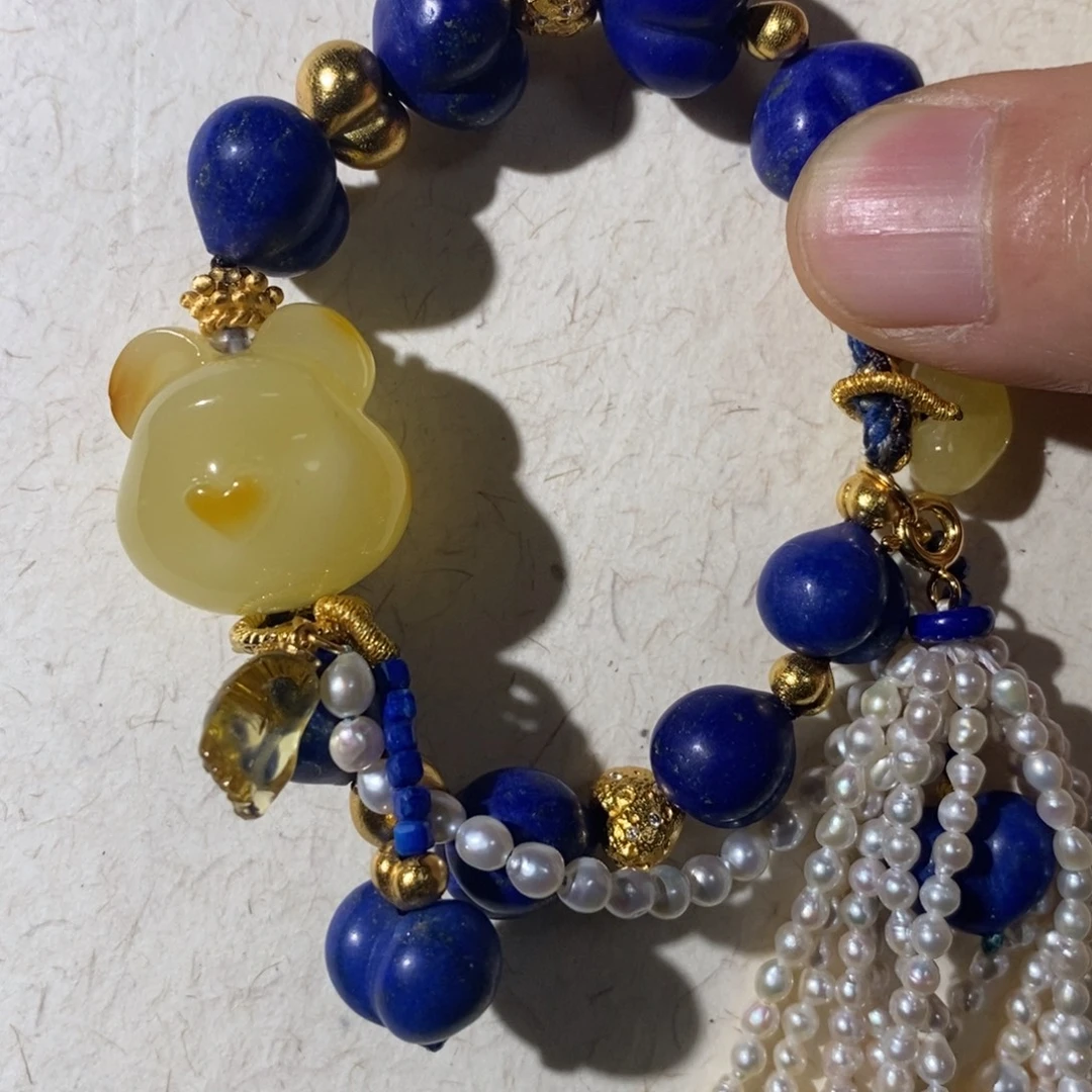 琥珀未镶嵌手链蜜蜡小熊编制手串