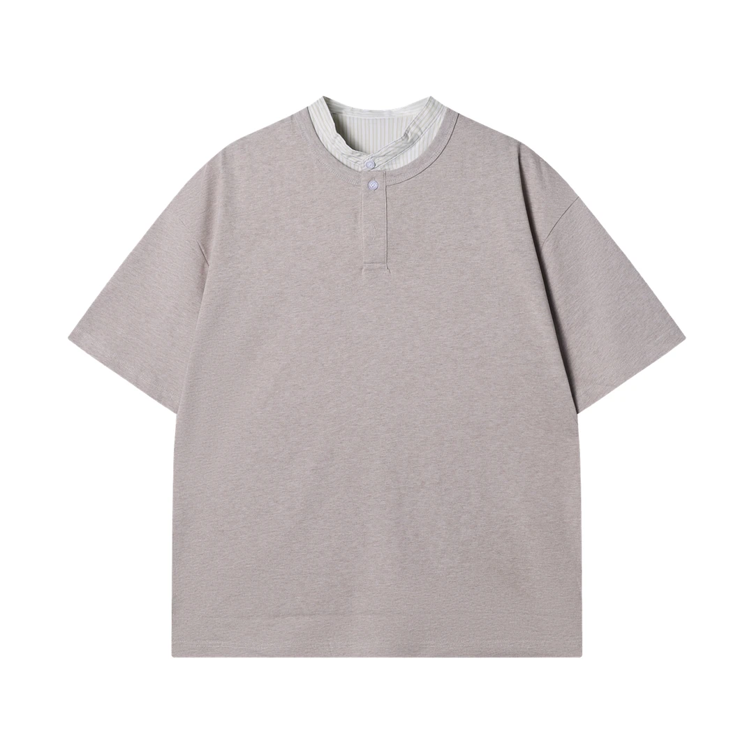 夏季高级感新款韩版撞色半纽扣假两件半袖T恤男士商务百搭上衣