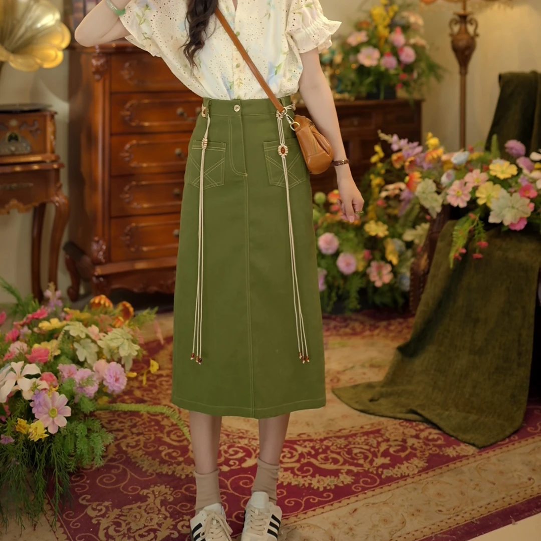 扣子家【香草】港风复古高腰百搭半身裙绿色中长款裙子KS052480