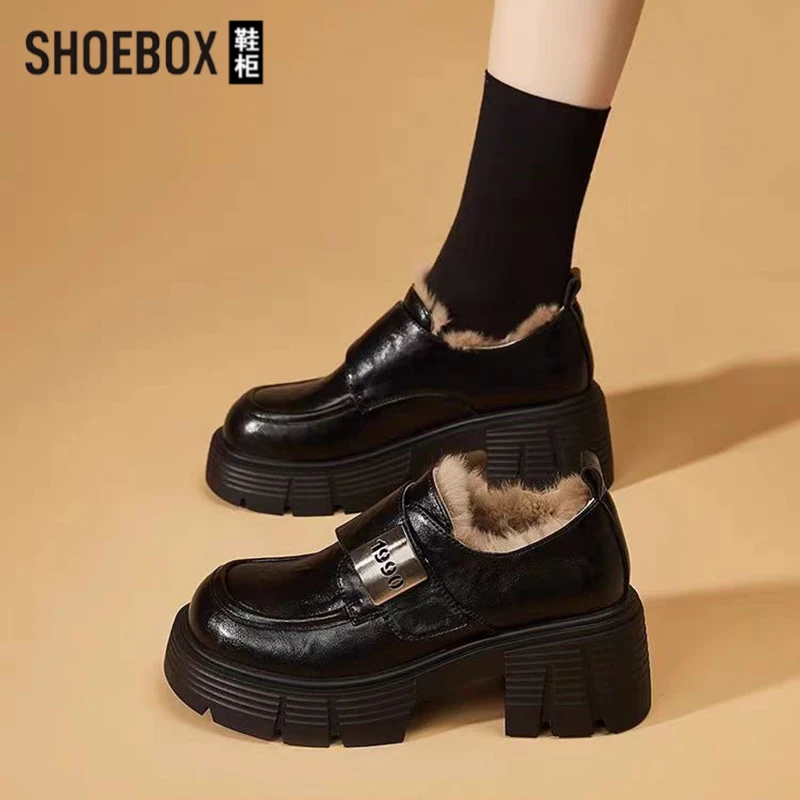 SHOEBOX鞋柜松糕加绒乐福鞋2025年新款冬季棉鞋黑色女厚底小皮鞋