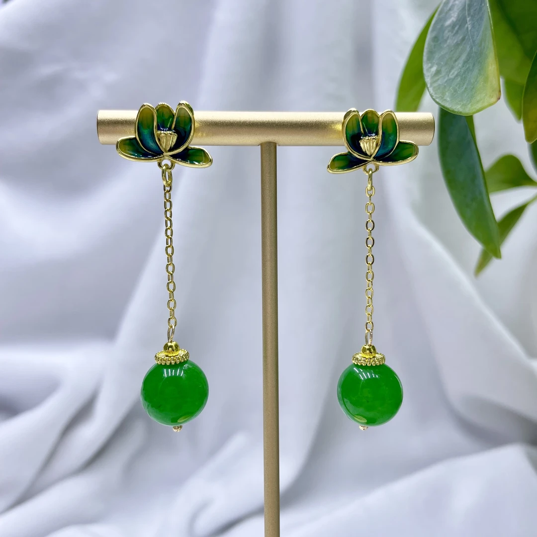 铜合金耳饰 满绿色莲花耳钉女款耳环流苏新中式复古国潮耳环62