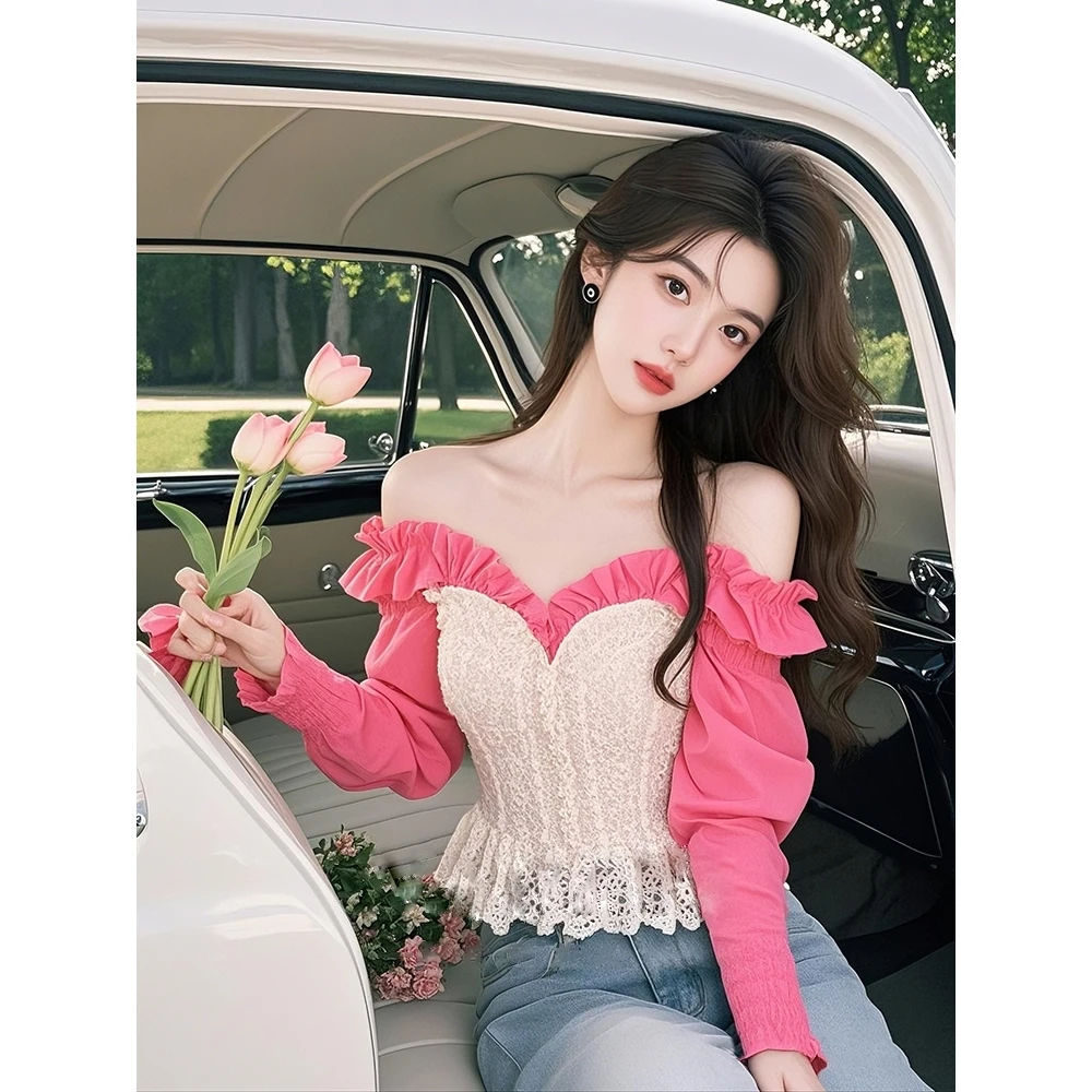 设计感玫粉色拼接蕾丝一字肩衬衫2025女春新款御姐风情万种的上衣