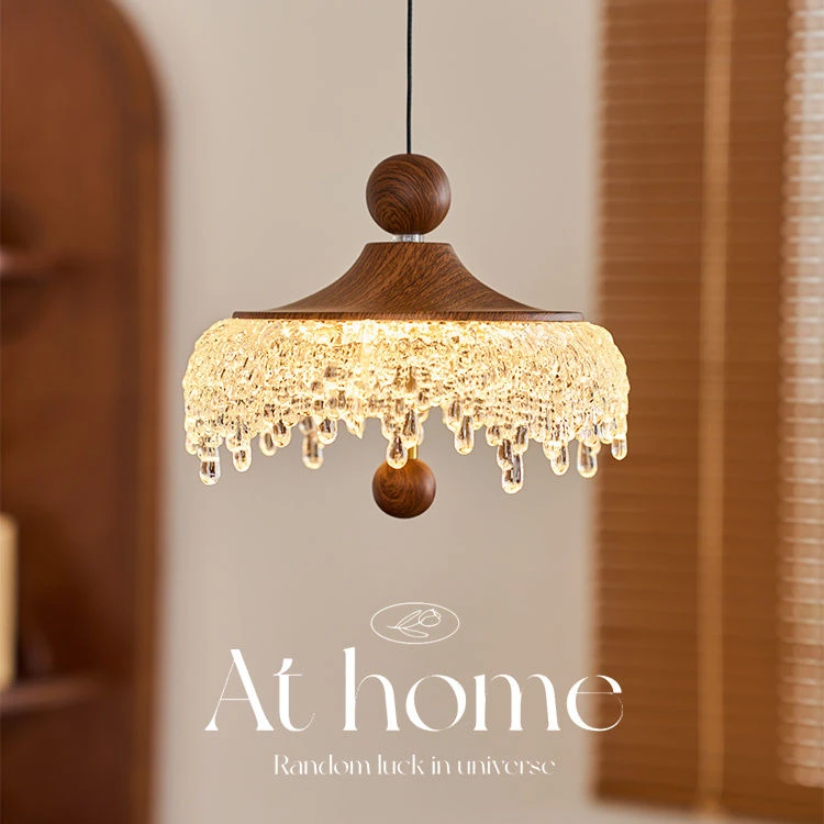 法式中古风水滴吊灯复古胡桃木色仿水晶高级感餐厅卧室床头小吊灯
