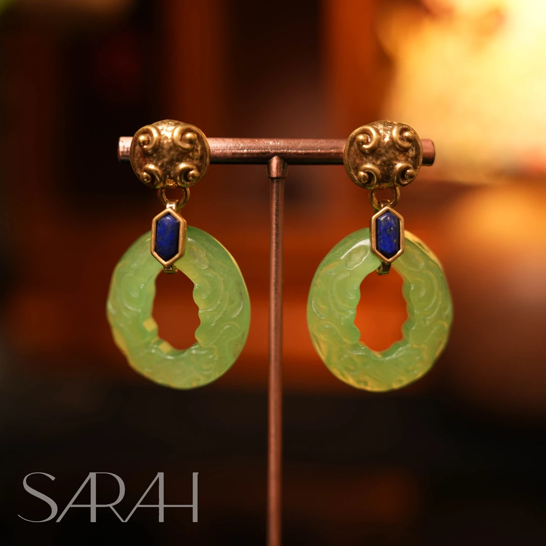 铜合金合成锆石耳饰 DearLisa.精工系列 国风绿色圆圈吊坠 耳钉