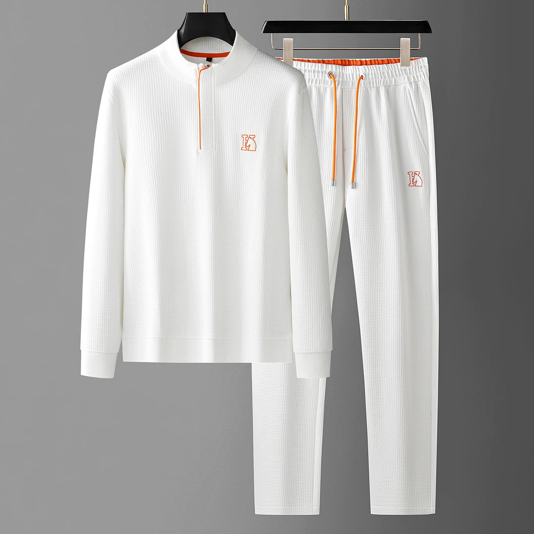 秋季轻奢老钱风肌理时尚华夫格两件套男士半拉链卫衣休闲运动套装
