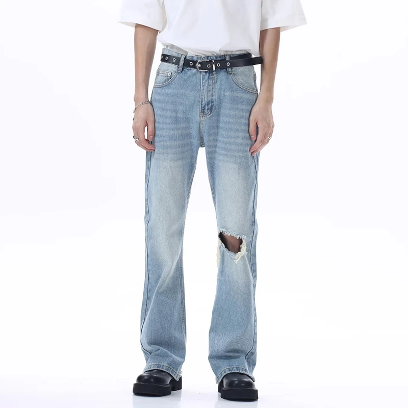 Voguo Relay 设计感膝盖破洞牛仔裤韩版水洗蓝宽松微喇叭裤男女