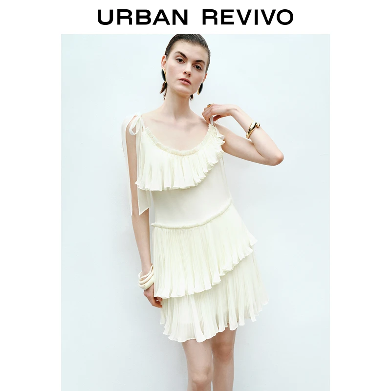 UR2025春季新款女波嬉度假风层叠荷叶边飘带连衣裙UWG750045