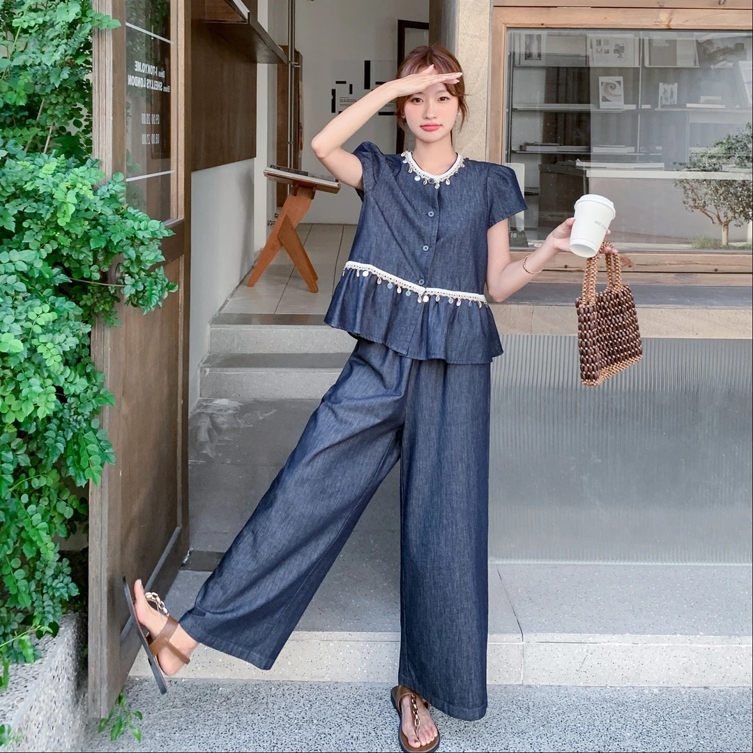 盐甜系复古牛仔薄款套装女夏季新款设计感娃娃衫上衣阔腿裤两件套