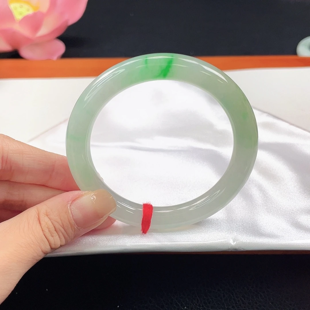 翡翠未镶嵌手镯34号飘金丝阳绿圆条14293