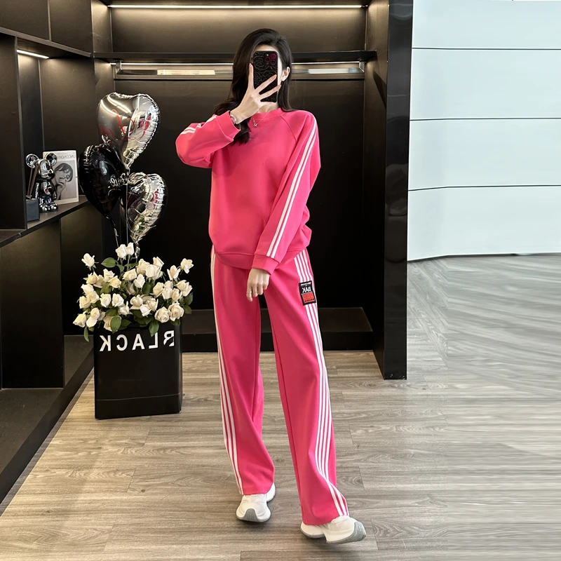 玫粉色休闲运动套装女春季洋气套头圆领卫衣阔腿裤大码显瘦两件套