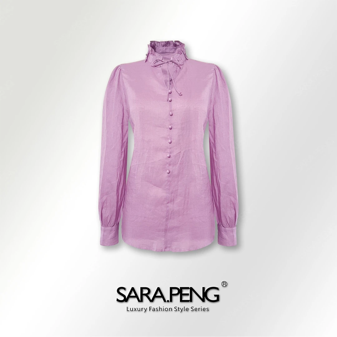 SARA.PENG艳丽转身/法式系带V领手工珠花百搭系带蝴蝶结洋气上衣