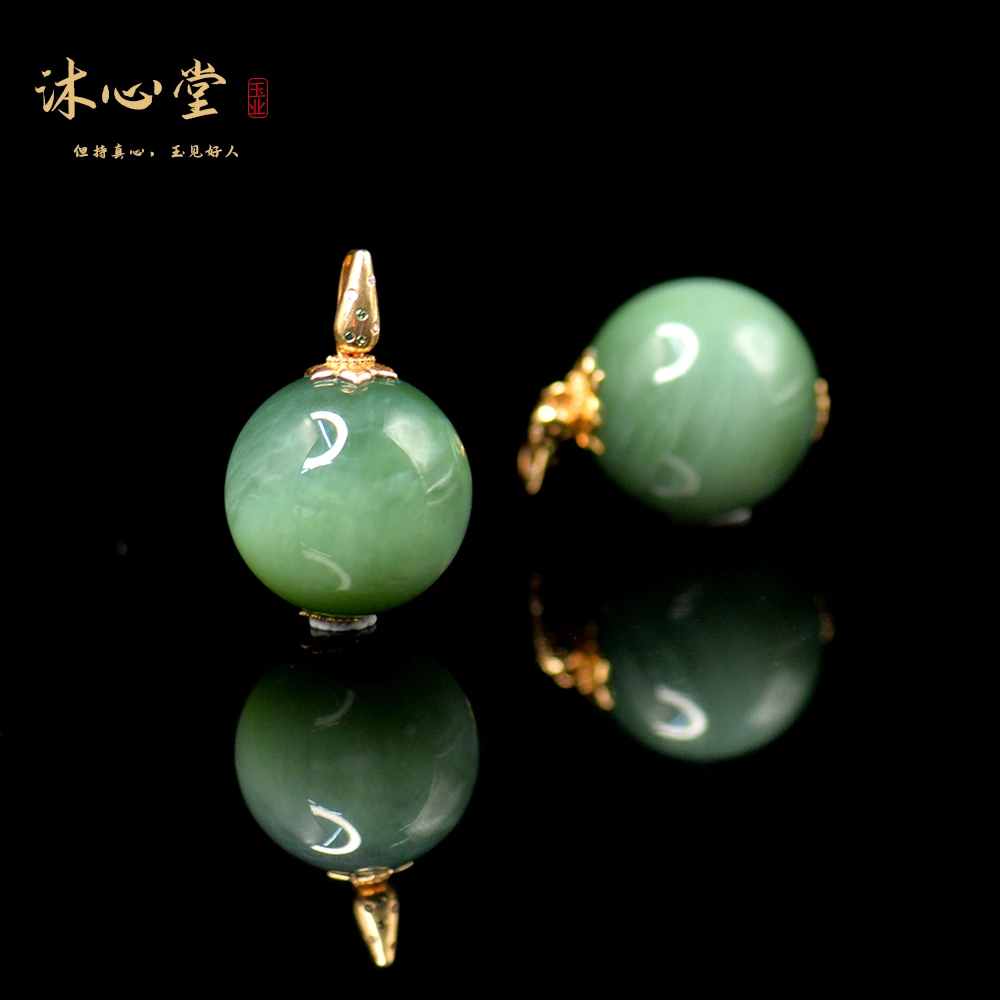 俄料猫眼大单珠和田玉碧玉约20毫米男女款18K金镶嵌吊坠拍一发一