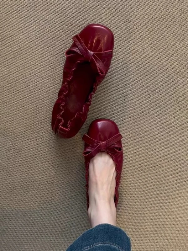 啤梨~羊皮版复古褶皱蝴蝶结平底芭蕾舞鞋通勤百搭一脚蹬浅口单鞋