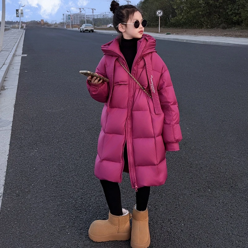 儿童羽绒服2025冬季韩系保暖羽绒服女孩洋气时髦中长款连帽羽绒服
