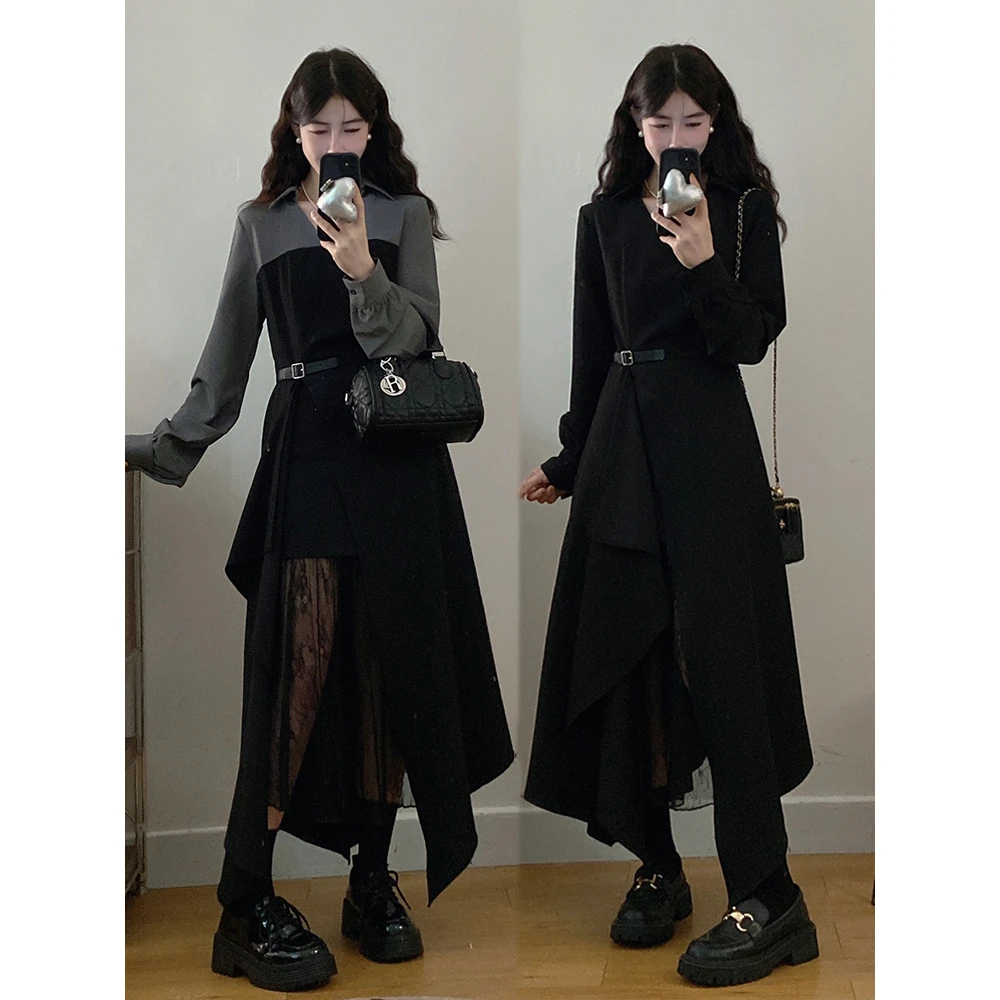 大码女装秋季流行长袖衬衫裙蕾丝拼接不规则长裙假两件连衣裙