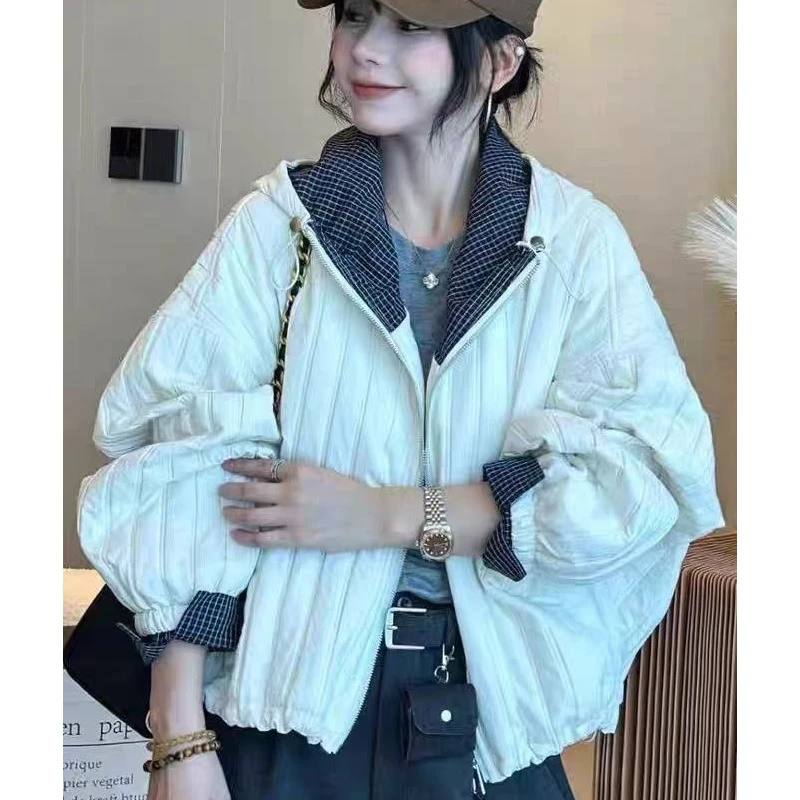 中秋2025连帽格子拼接绗线棉服外套早冬季新款时尚百搭休闲女