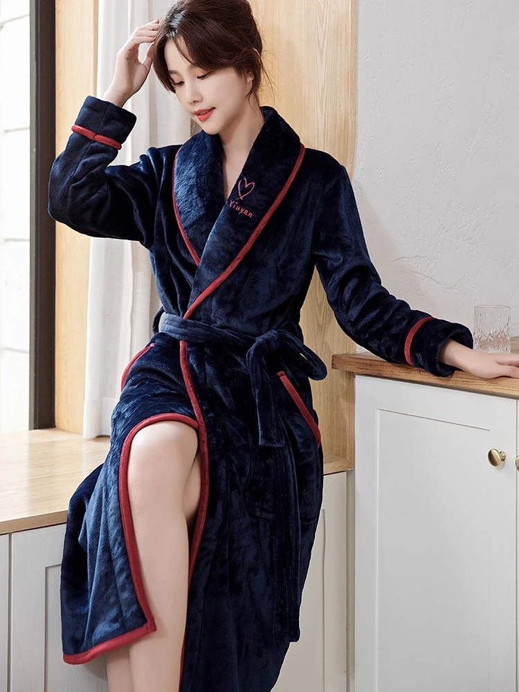 睡袍女冬长款新娘晨袍睡衣珊瑚绒浴袍女秋冬加厚加绒性感中长睡裙