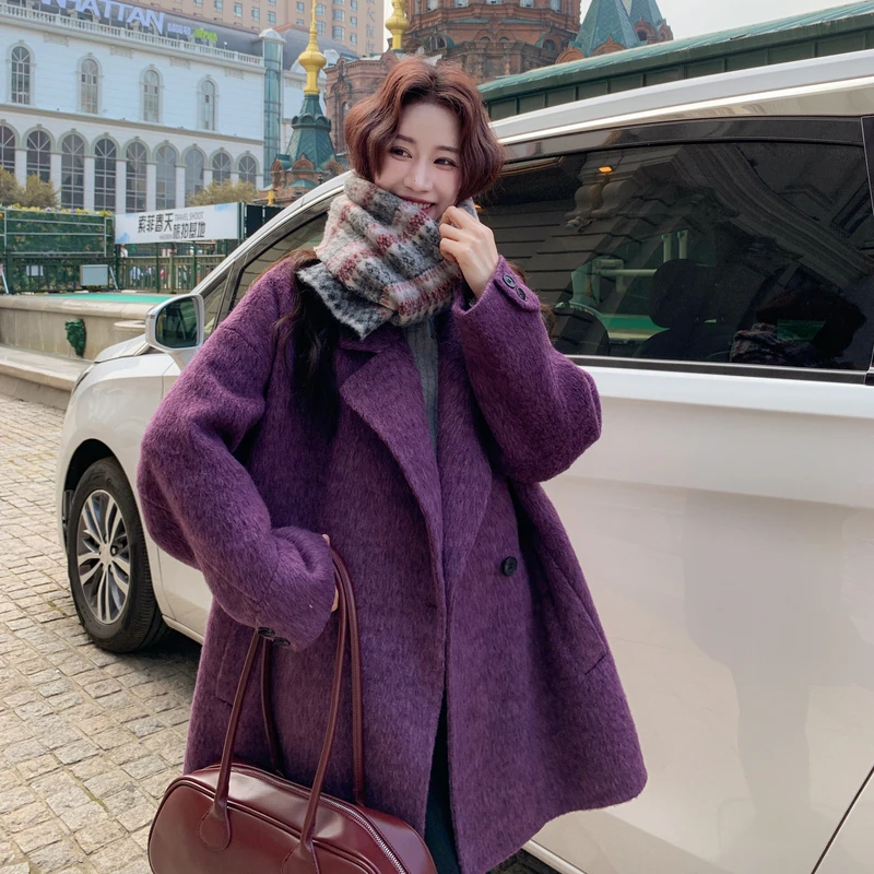 蓝莓紫苏利绒长毛双面呢羊毛大衣女小个子2025新款慵懒风毛呢气质