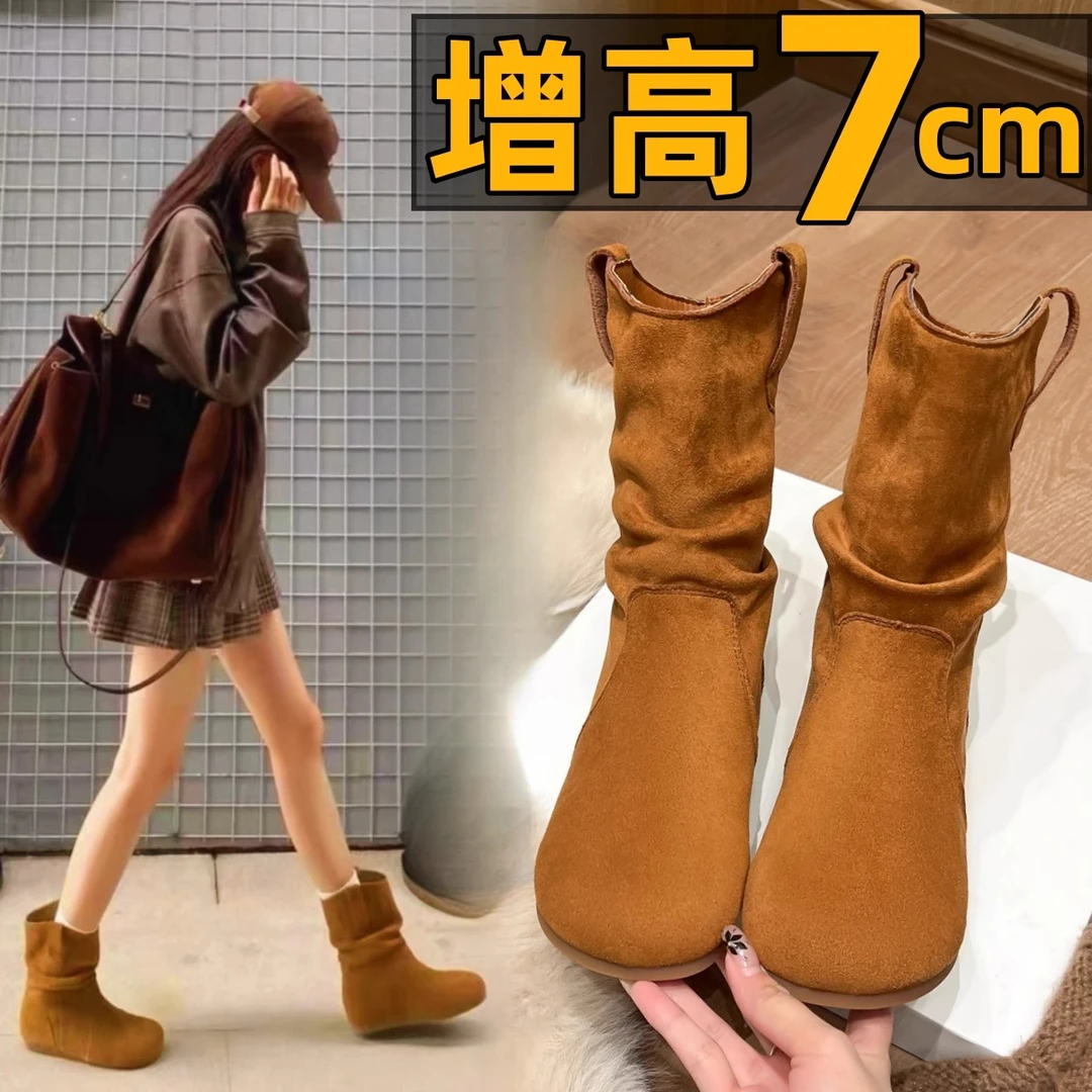 小个子7cm内增高勃肯短靴女复古2025春季新款气质34码短靴西部靴