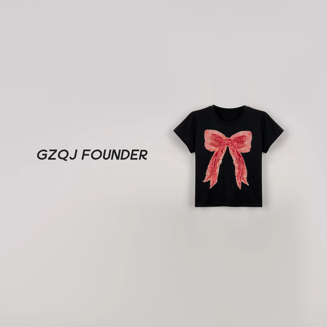 GZQJ【红色蝴蝶结】小众设计感重工圆领显瘦休闲短袖T恤女夏145